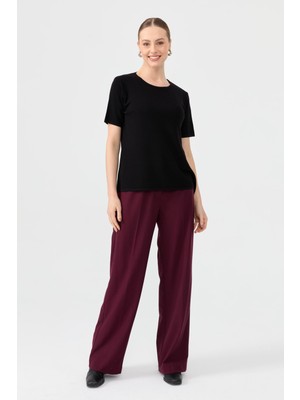 Kadın Sıfır Yaka Kısa Kollu Basic Yün Bluz Siyah