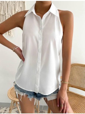 Pelinzen Kadın Yakalı Sıfır Kol Dokuma Viskon Kumaş Gömlek