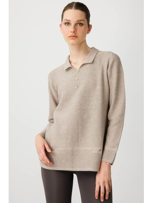 Kadın Polo Yaka Sahte Cepli Bluz Vizon