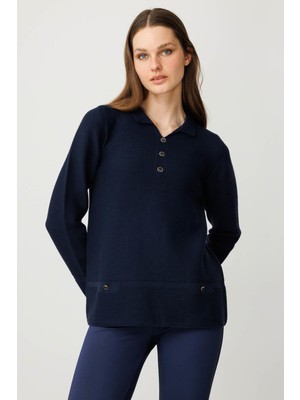 Kadın Polo Yaka Sahte Cepli Bluz K.lacivert