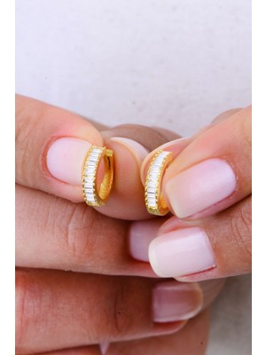 Gümüş Altın Yaldızlı Baget Kesim Zirkon Taşlı Halka Küpe SGTL12996GOLD