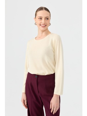 Kadın Sıfır Yaka Uzun Kollu Basic Yün Bluz Kemik
