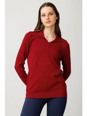 Kadın Polo Yaka Nakış Işlemeli Ligralı Bluz Vişne