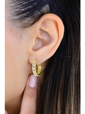 Gümüş Altın Yaldızlı Zirkon Taşlı Zincir Modeli Halka Küpe SGTL11484GOLD