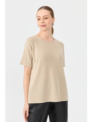 Kadın Sıfır Yaka Kısa Kollu Basic Yün Bluz M.bej