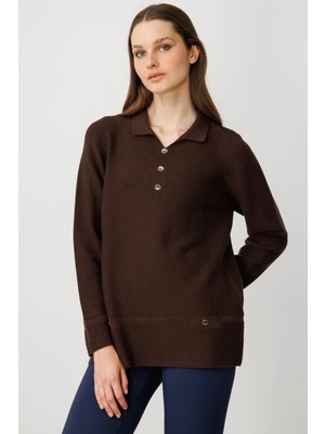 Kadın Polo Yaka Sahte Cepli Bluz Kahve