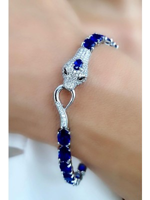 Sky Diamond Blue Creative Sapphire 925AYAR Gümüş Üzerine Beyaz Altın Kaplama Yılan Kilit Detaylı Su Yolu Bileklik