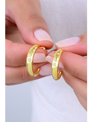 Gümüş Altın Yaldızlı Zirkon Taşlı Ay ve Yıldız Desenli Halka Küpe SGTL12993GOLD