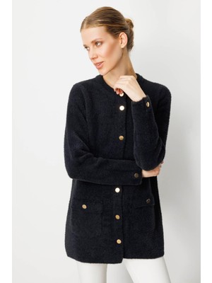 Kadın Sıfır Yaka Metal Düğmeli Araboy Afrodit Triko Ceket Siyah