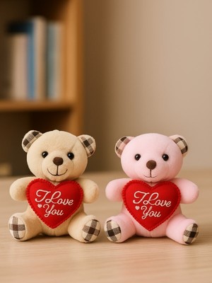 2 Adet Sevimli Mini Peluş Ayıcık - Kalpli 'ı Love You' Mesajlı 11X9 cm