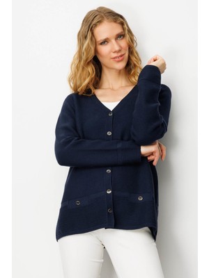 Kadın V Yaka Sahte Cepli Düğmeli Hırka K.lacivert