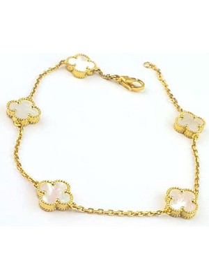 Sedef Taşlı Italyan Tasarımı 925 Ayar Gümüş Üzerine Altın Kaplama 5 Li Yonca Bileklik