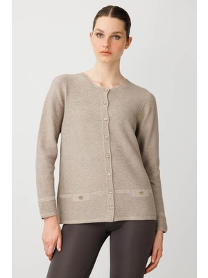 Kadın Sıfır Yaka Sahte Cepli Düğmeli Hırka Vizon