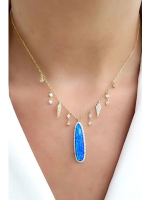 Pırlanta Parlaklığında Zirkon Taşlı 925AYAR Gümüş Üzerine Altın Kaplama Italyan Tasarımı Opal Taşlı Tasarım Kolye