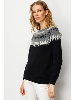 Kadın Sıfır Yaka Robası Baklavalı Yün Kazak Siyah