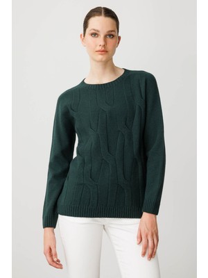 Kadın Sıfır Yaka Kalın Yürütmeli Yün Kazak Yeşil
