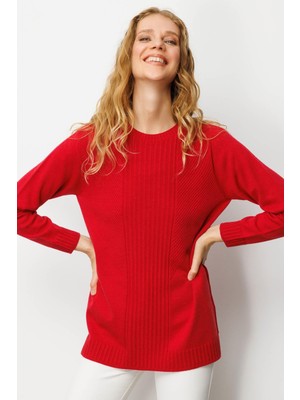 Kadın Sıfır Yaka Önü Çizgili Örgü Kazak K.kırmızı