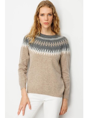 Kadın Sıfır Yaka Robası Baklavalı Yün Kazak K.bej