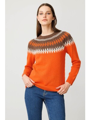 Kadın Sıfır Yaka Robası Baklavalı Yün Kazak Portakal