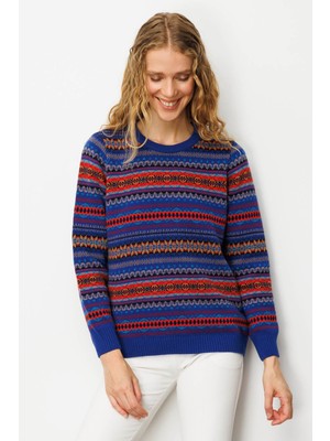 Kadın Sıfır Yaka Komple Jakarlı Yün Kazak K.s.mavi