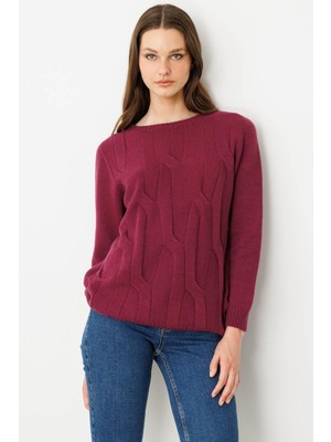 Kadın Sıfır Yaka Kalın Yürütmeli Yün Kazak Mürdüm