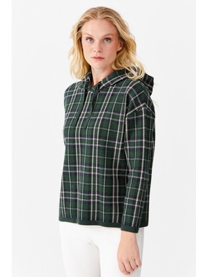 Desen Triko Kadın Kapşonlu Kareli Kısa Kazak Yeşil