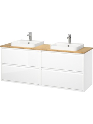 Hobiurun Lavabo dolabı kombinasyonu, parlak cila beyaz-bambu, 162x49x71 cm, BROGRUND batarya
