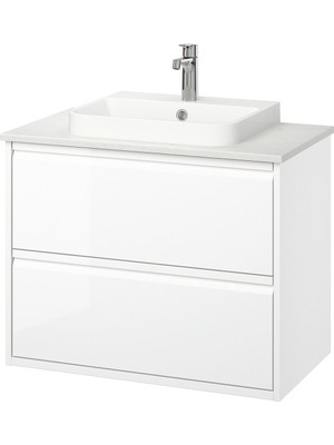 Lavabo Dolabı Kombinasyonu, Parlak Cila Beyaz-Beyaz Mermer Görünüm, 82X49X71 Cm, Brogrund Batarya