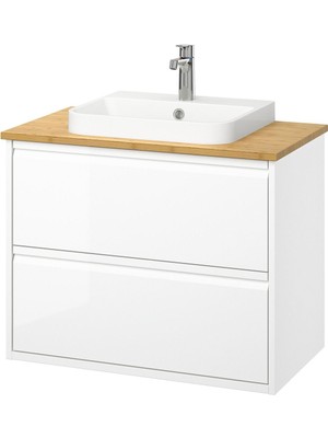 Lavabo Dolabı Kombinasyonu, Parlak Cila Beyaz-Bambu, 82X49X71 Cm, Brogrund Batarya