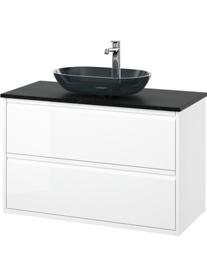 Lavabo Dolabı Kombinasyonu, Parlak Cila Beyaz-Siyah Mermer Görünüm, 102X49X77 Cm, Brogrund Batarya