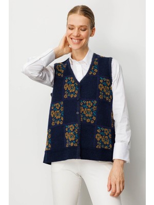 Kadın Pıtırcık Çiçekli Patchwork Keçe Yün Yelek O.haki