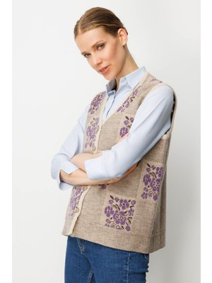 Kadın Pıtırcık Çiçekli Patchwork Keçe Yün Yelek Bej_mor