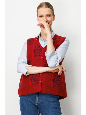 Kadın Pıtırcık Çiçekli Patchwork Keçe Yün Yelek Y.kırmızı_k.mürdüm