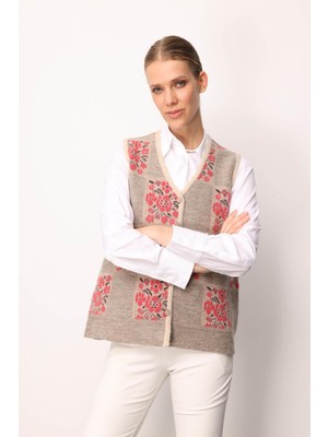 Kadın Pıtırcık Çiçekli Patchwork Keçe Yün Yelek Bej_y.ş.pembe