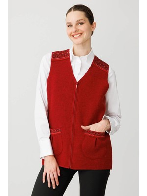 Kadın V Yaka Önü Keçe Fermuarlı Kısa Yün Yelek Y.kırmızı