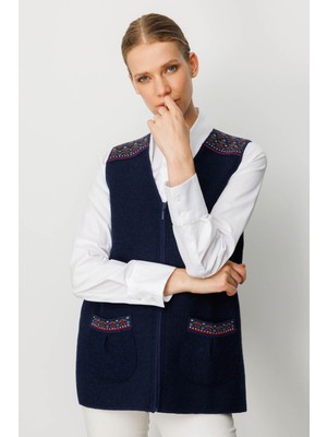 Kadın V Yaka Önü Keçe Fermuarlı Kısa Yün Yelek Y.a.lacivert