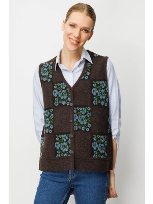 Kadın Pıtırcık Çiçekli Patchwork Keçe Yün Yelek K.kahve_m.yeşil