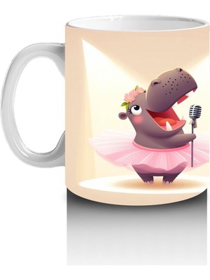 Çocuklara Sütü Sevdiren Mikrofonla Şarkı Söyleyen Balerin Su Aygırı Desenli Kupa Bardak