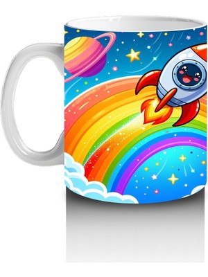Çocuklara Sütü Sevdiren Gökkuşağı ve Roketli Uzay Macerası Desenli Kupa Bardak