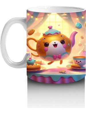 Çocuklara Sütü Sevdiren Neşeli Çay Takımı ve Kurabiyelerle Tatlı Sofra Desenli Kupa Bardak