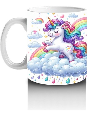 Çocuklara Sütü Sevdiren Gökkuşağında Koşan Sevimli Unicorn Desenli Kupa Bardak