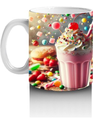 Çocuklara Sütü Sevdiren Renkli Şekerlerle Süslenmiş Milkshake Desenli Kupa Bardak