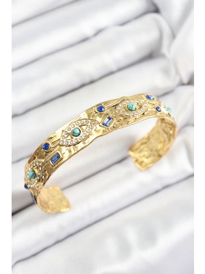 Pirinç Zirkon Tal Mavi Boncuklu Göz Model Gold Renk Alt Açk Kadın Bileklik