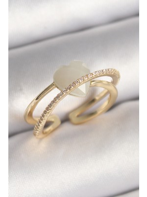 Kapsül Avm Pirinç Gold Renk Beyaz Kristal Kalp Model Zirkon Taş Detay Kadın Yüzük