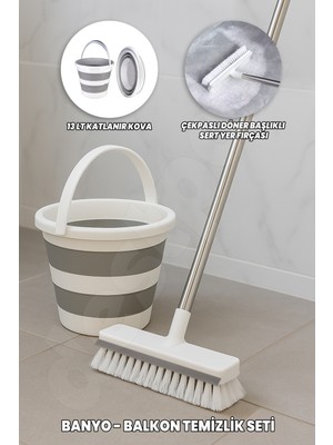 Destpak Banyo Balkon Temizlik Seti - 13 Lt Katlanır Temizlik Kovası - Çekpaslı Döner Başlıklı Sert Fırça