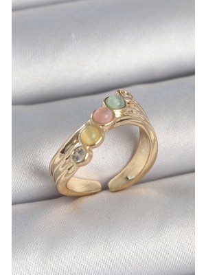 Kapsül Avm Pirinç Gold Renk Zirkon Taş Detaylı Karışık Mineli Ayarlanabilir Kadın Yüzük