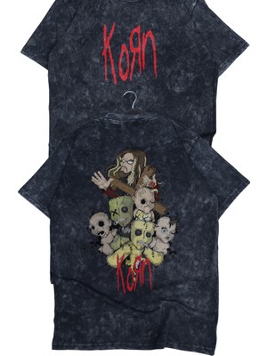 Fuddy Moda Unisex The Korn Sırt Baskılı Yıkamalı Tişört, Oversize Rock-Metal Baskılı Vintage T-Shirt