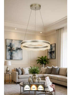 Avizemoda Estilo 50 cm Dimmer Kumandalı 3 Renk Ledli (Sarı-Beyaz-Gün Işığı) Modern Akrilik Avize - Gümüş