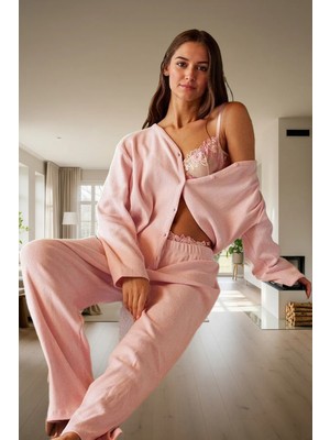 Rahat Pijama Takımı Pamuklu Kaşkorse Örme Hırka ve Pantolon Mükemmel Uyum Kullanım