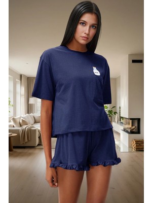 Baskılı Örme Pijama Takımı Fırfırlı Şort ve Rahat Tişört Yaz Için Ideal Kaliteli Işçilik